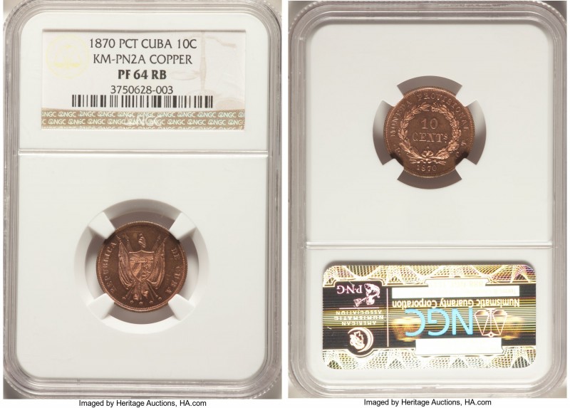 Provisional Republic copper Proof Pattern 10 Centavos 1870 P-CT PR64 Red and Bro...