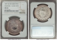 Republic Souvenir Peso 1897 MS64 NGC, Gorham mint, KM-XM2. Close date, star above 97 baseline variety. Very nearly gem and sublimely satin across the ...