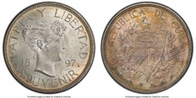 Republic Souvenir Peso 1897 MS63+ PCGS, Gorham mint, KM-XM2. Type II with date closely spaced and star below baseline of "97." An attractive choice ex...