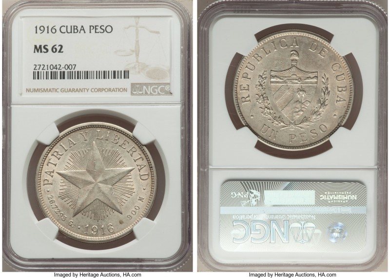 Republic "Star" Peso 1916 MS62 NGC, Philadelphia mint, KM15.2. An ever-popular a...