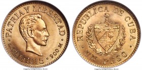 Republic gold Peso 1915 MS67 NGC, Philadelphia mint, KM16. A sharp representative of this smaller gold denomination revealing lustrous fields essentia...