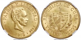 Republic gold 20 Pesos 1915 MS62 NGC, Philadelphia mint, KM21, Fr-1. A near-choice example of this popular type, lustrous and pale-yellow with scatter...