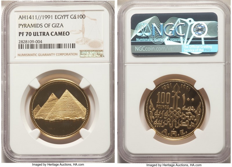 Arab Republic gold Proof "Pyramids of Giza" 100 Pounds AH 1411 (1991) PR70 Ultra...