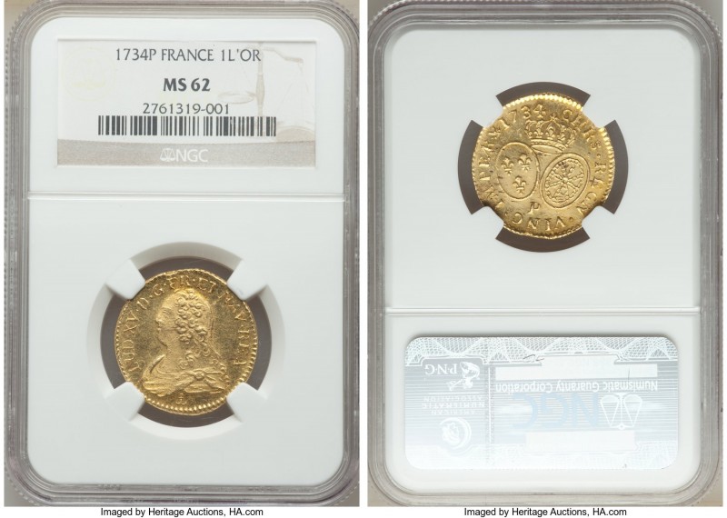Louis XV gold Louis d'Or 1734-P MS62 NGC, Dijon mint, KM489.16, Fr-461. A scarce...