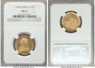 Louis XV gold Louis d'Or 1734-P MS62 NGC, Dijon mint, KM489.16, Fr-461. A scarce mint, this near-choice piece represents the finest graded by NGC. Daz...