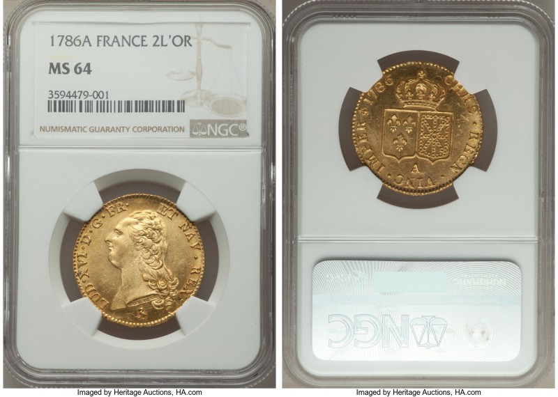 Louis XVI gold 2 Louis d'Or 1786-A MS64 NGC, Paris mint, KM592.1. Tied for the f...