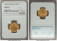 Republic gold 20 Francs 1850-A MS65+ NGC, Paris mint, KM762. A practically unheard-of level of quality for the issue and difficult to imagine finer, t...