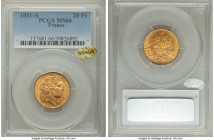 Republic gold 20 Francs 1851-A MS66 PCGS, Paris mint, KM762, Gad-1059. A supreme gem which rarely comes so well-preserved, without a mark of consequen...