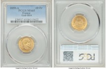 Napoleon III gold 10 Francs 1859-A MS65 PCGS, Paris mint, KM784.3, Gad-1014. 

HID09801242017

© 2020 Heritage Auctions | All Rights Reserved