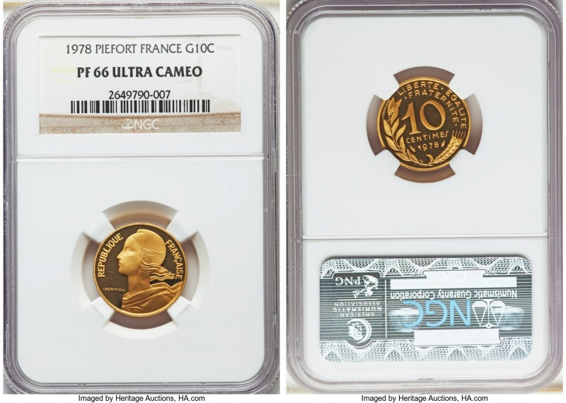 Republic gold Proof Piefort 10 Centimes 1978 PR66 Ultra Cameo NGC, Paris mint, K...