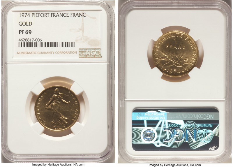 Republic gold Proof Piefort Franc 1974 PR69 NGC, KM-P502. From a reported mintag...