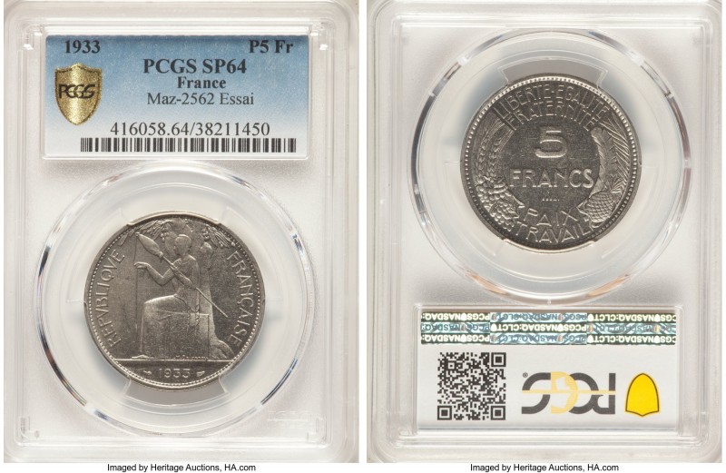 Republic nickel Specimen Essai 5 Francs 1933 SP64 PCGS, Maz-2562 (R2). By M. Del...