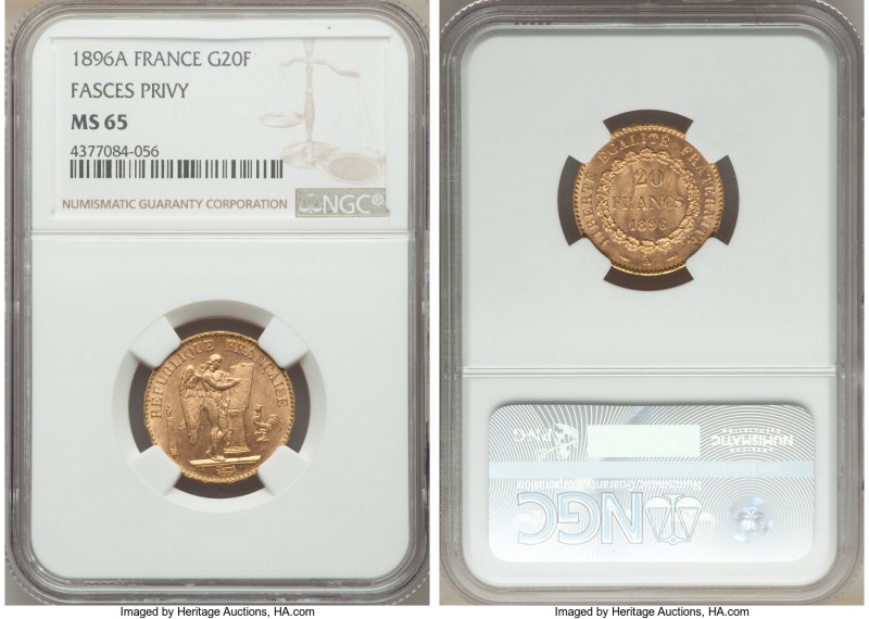Republic gold 20 Francs 1896-A MS65 NGC, Paris mint, KM825. Fasces privy. AGW 0....