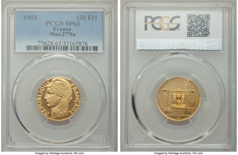 Republic gold Specimen Medallic 20 Francs 1955 SP63 PCGS, Paris mint, Maz-2776a ...