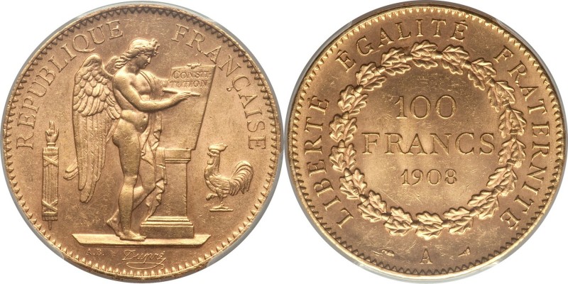 Republic gold 100 Francs 1908-A MS63 PCGS, Paris mint, KM858, Gad-1137a. Deep or...
