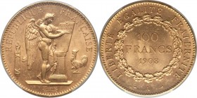 Republic gold 100 Francs 1908-A MS63 PCGS, Paris mint, KM858, Gad-1137a. Deep orange-gold in color with lustrous surfaces and no larger instances of h...