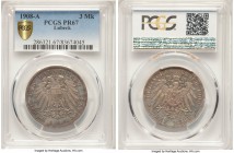 Lübeck. Free City Proof 3 Mark 1908-A PR67 PCGS, Berlin mint, KM215, J-82. Mottled with champagne and gunmetal hues that flow effortlessly over the su...