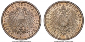Lübeck. Free City 3 Mark 1909-A MS66 PCGS, Berlin mint, KM215, J-82. Showing the lightest mottling of tone to the surfaces. 

HID09801242017

© 20...