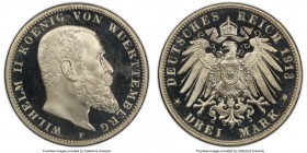 Württemberg. Wilhelm II Proof 3 Mark 1913-F PR67 Deep Cameo PCGS, Stuttgart mint, KM635, J-175. An immaculate coin with bold night-and-day contrasts b...