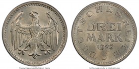 Weimar Republic 3 Mark 1925-D MS64 PCGS, Munich mint, KM43. The lowest mintage date for the type, presently tied for the second finest at PCGS. 

HI...