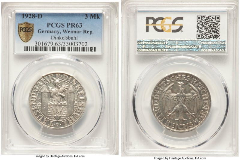 Weimar Republic Proof "Dinkelsbuhl" 3 Mark 1928-D PR63 PCGS, Munich mint, KM59....