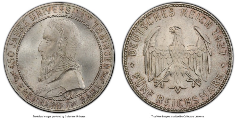 Weimar Republic "Tubingen" 5 Mark 1927-F MS66+ PCGS, Stuttgart mint, KM55, J-329...