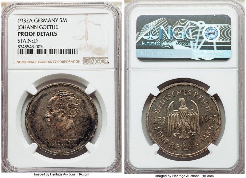 Weimar Republic Proof "Goethe" 5 Mark 1932-A Proof Details (Stained) NGC, Berlin...
