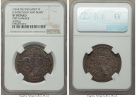 Philip II of Spain & Mary I (1554-1558) Shilling ND (1554-1555) XF Details (Obverse Damage) NGC, S-2498. 6.07gm. On the whole a remarkably nice rendit...