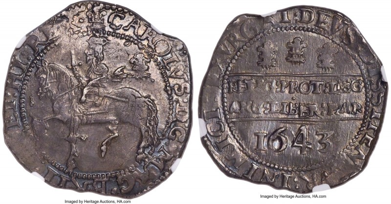 Charles I 1/2 Crown 1643 AU58 NGC, Oxford mint, Plume mm, KM214.5, S-2954, N-241...