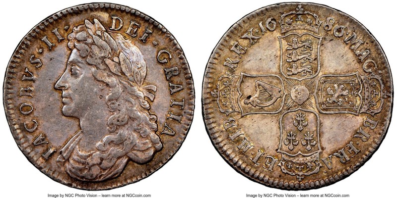 James II 1/2 Crown 1686 XF45 NGC, KM452, S-3408. SECVNDO edge. A fully appreciab...