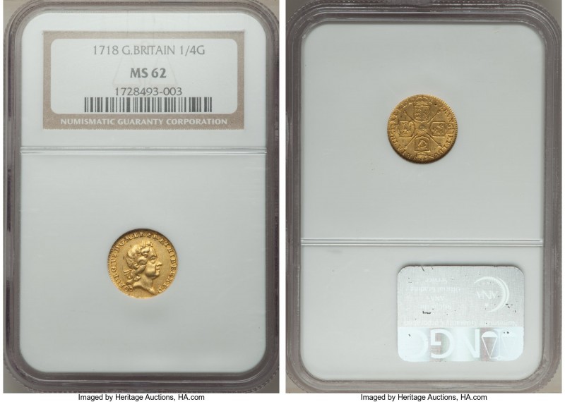 George I gold 1/4 Guinea 1718 MS62 NGC, KM555, S-3638. The first year for this r...