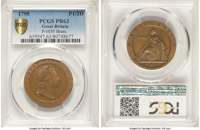 George III brass Proof Pattern Restrike 1/2 Penny 1795-SOHO PR63 PCGS, Soho mint...