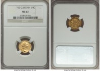 George III gold 1/4 Guinea 1762 MS63 NGC, KM592, S-3741. Practically medallic in overall execution, even for its small size, with every detail fully e...