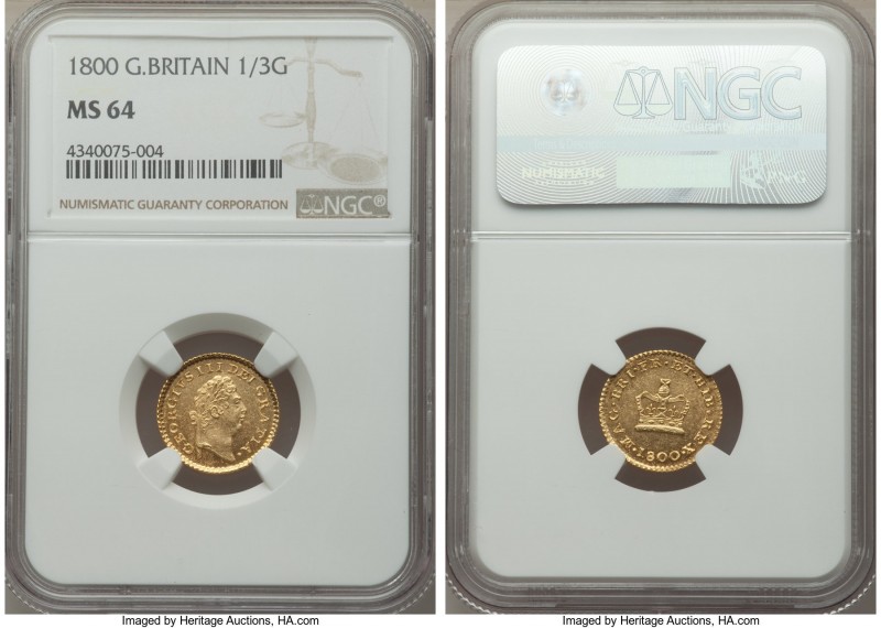 George III gold 1/3 Guinea 1800 MS64 NGC, KM620, S-3738. One of a measly 3 examp...