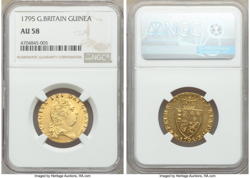 George III gold Guinea 1795 AU58 NGC, KM609, S-3739. Exhibiting clearly Mint Sta...