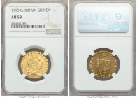 George III gold Guinea 1795 AU58 NGC, KM609, S-3739. Exhibiting clearly Mint State details with flashy surfaces and just light chatter to bound the as...