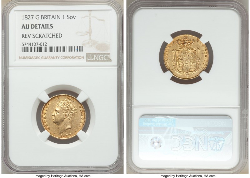 George IV gold Sovereign 1827 AU Details (Reverse Scratched) NGC, KM696, S-3801....