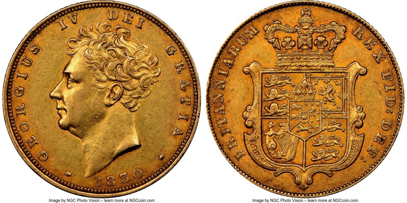 George IV gold Sovereign 1830 AU55 NGC, KM696, S-3801. Preserved with a deep gol...