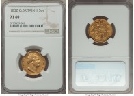 William IV gold Sovereign 1832 XF40 NGC, KM717, S-3829B. A remarkably difficult sovereign date despite its relatively high recorded mintage, most spec...