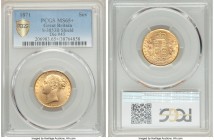 Victoria gold "Shield" Sovereign 1871 MS65+ PCGS, KM736.2, S-3853B. Die #45. A comparatively unimprovable example of the date, remarkably outranked by...