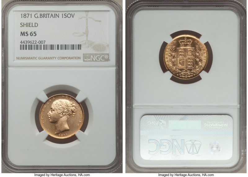 Victoria gold "Shield" Sovereign 1871 MS65 NGC, KM752, S-3856. Die #30. A very l...