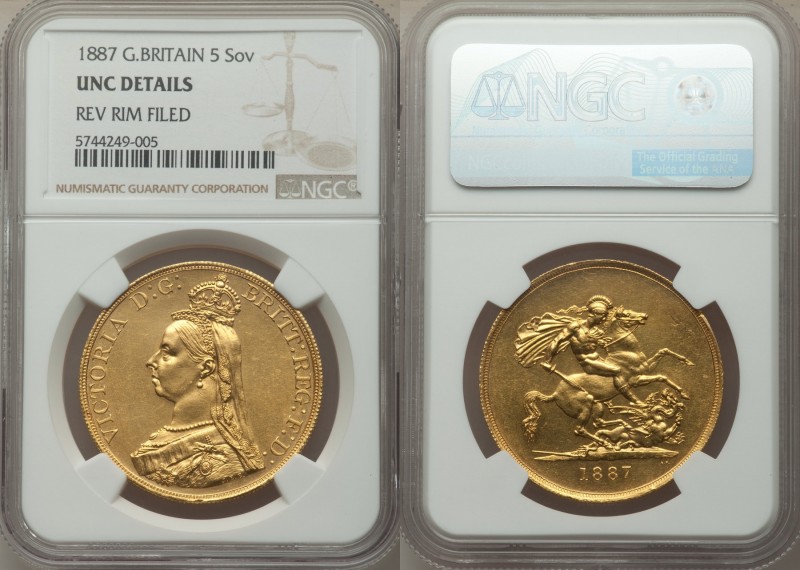 Victoria gold 5 Pounds 1887 UNC Details (Reverse Rim Filed) NGC, KM769, S-3864. ...