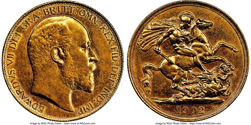 Edward VII gold 2 Pounds 1902 AU53 NGC, KM806, S-3968. Lightly circulated but re...