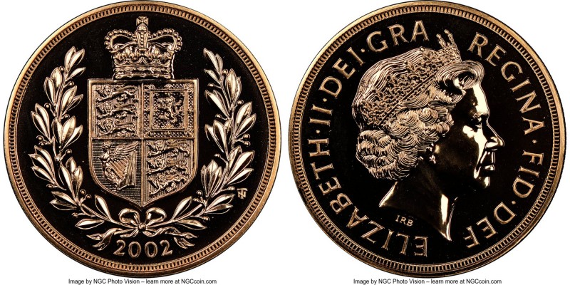Elizabeth II gold "Golden Jubilee" 5 Pounds 2002 MS69 Deep Prooflike NGC, KM1028...