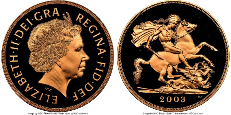 Elizabeth II gold Proof 5 Pounds 2003 PR70 Ultra Cameo NGC, KM1003. AGW 1.1775 o...
