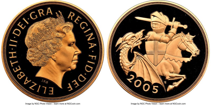 Elizabeth II gold Proof 5 Pounds 2005 PR70 Ultra Cameo NGC, KM1067. AGW 1.1771 o...