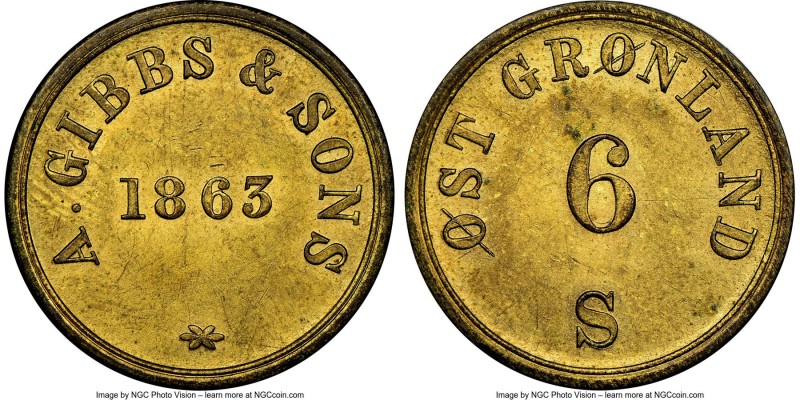 Ostgronland. A. Gibbs & Sons brass 6 Skilling Token 1863 MS64 NGC, KM-Tn12, Sieg...
