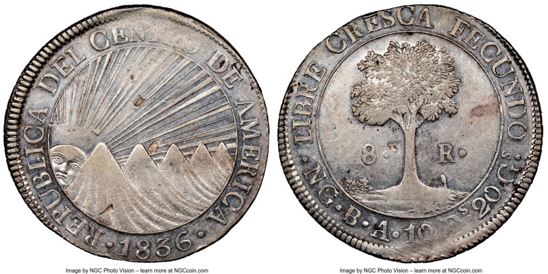 Central American Republic 8 Reales 1836 NG-BA AU58 NGC, Nueva Guatemala mint, KM...