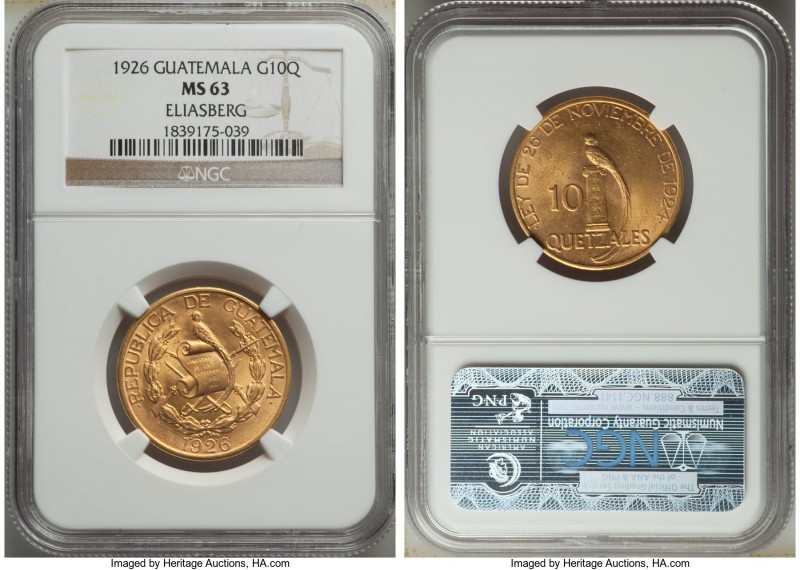 Republic gold 10 Quetzales 1926-(P) MS63 NGC, Philadelphia mint, KM245. Mintage:...