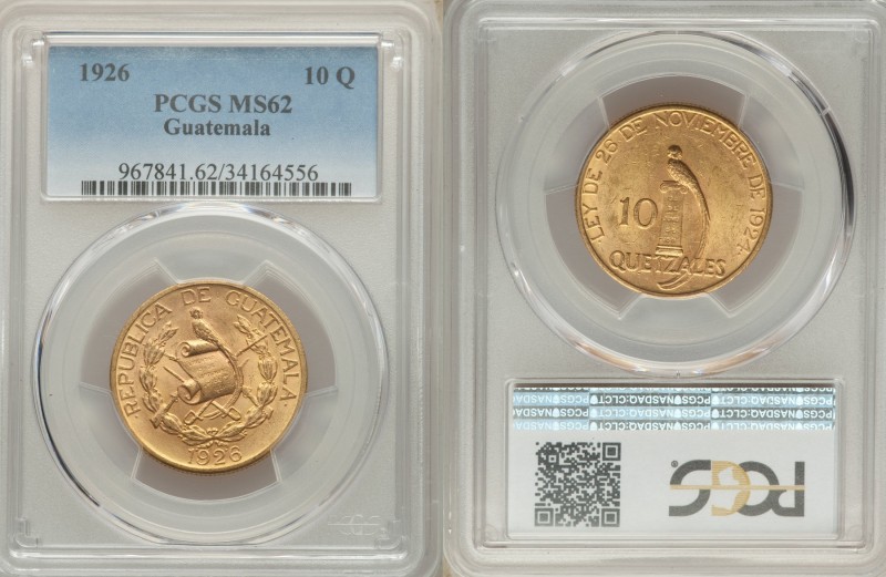 Republic gold 10 Quetzales 1926-(P) MS62 PCGS, Philadelphia mint, KM245. Mintage...